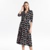 French Style Women's Floral Three-Quarter Sleeve Dress Vneck Silk Long Dress for Casual Outings, Beach Vacations