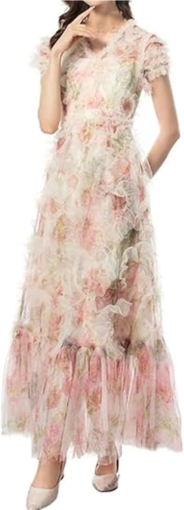 Women's Bohemian Floral Print Beach Dress Ruffle Net Yarn Flutter Cascading Wedding Guest Maxi Dresses