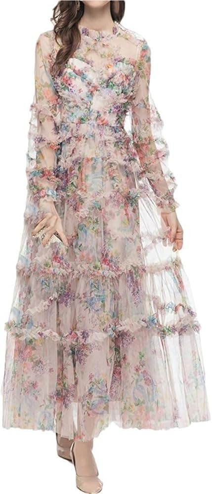 Women's Floral Print Holiday Party Dresses Petal Sleeve Crinkle Irregular Lace Sexy Maxi Dress