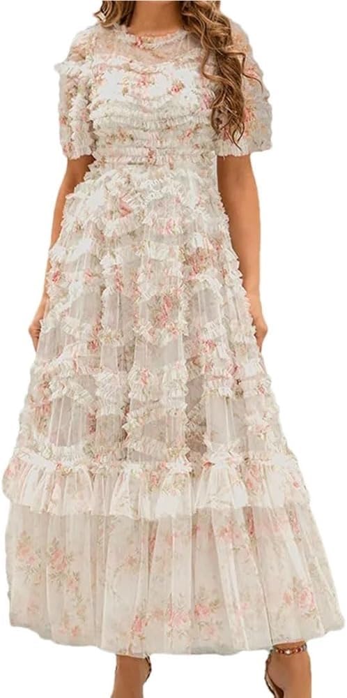 Women's Floral Printed Mesh Dress Round Neck High Waist Layer Tiered Maxi Beach Party Dresses