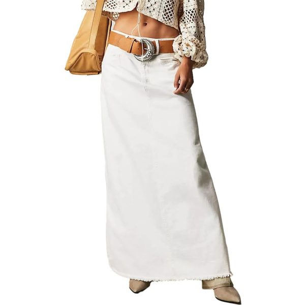 Women Vintage Denim Skirt High Waist A Line Long Wrap Hip Skirt Button Casual
