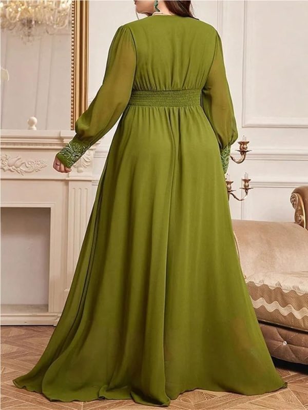 Women's Plus Size Embroidery Patchwork High Waist Maxi Dress V-Neck Lantern Sleeve Loose Fit Party Dresses