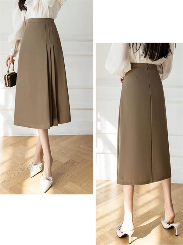 Women Vintage Solid High Waist Long Pleated Skirt Elegant Office Wear A-Line Ladies Skirts