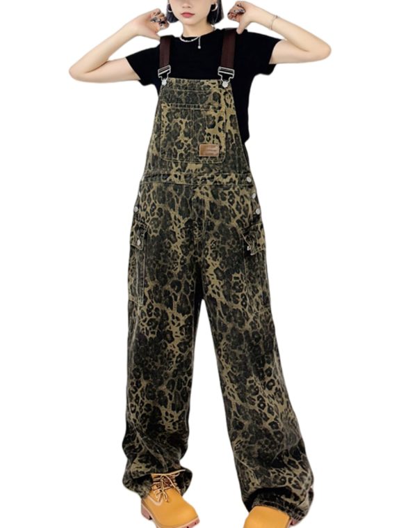 Women's Y2K Leopard Print Jeans Overall Chic Streetwear Baggy Wide Leg Jumpsuit Retro Hip Hop Loose trouser