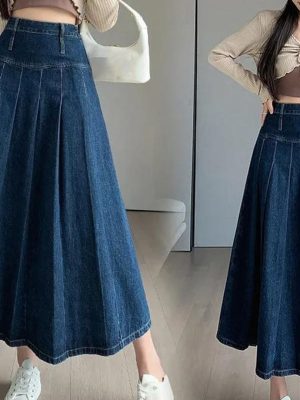 Women Pleated Jeans Skirts Vintage High Waist Long Washing Straight Loose Denim Midi Skirts