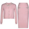 Women's Slimming Spliced Button Skirt Set - Round Neck Sleeve Top & High Waist Skirt Set