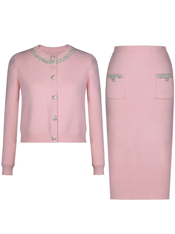 Women's Slimming Spliced Button Skirt Set - Round Neck Sleeve Top & High Waist Skirt Set