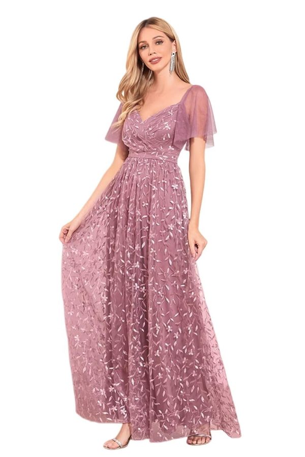 Long Tulle Evening Gowns A Line Floral Appliques Formal Dresses for Women FBAMO04