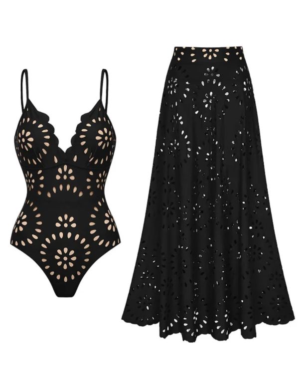 Women's One Piece Bathing Suit Petal Hollow V Neck Swimsuit and Skirt