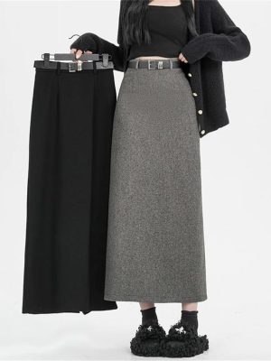 Women High Waist Straight Long Pencil Vintage Woolen Midi Skirts