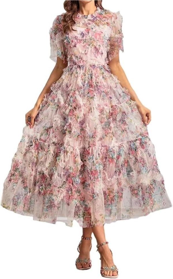 Women's Boho Floral Print Dress Net Yarn Cascading Ruffle Beach Party Summer Vacation Maxi Dresses
