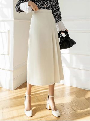 Women Vintage Solid High Waist Long Pleated Skirt Elegant Office Wear A-Line Ladies Skirts