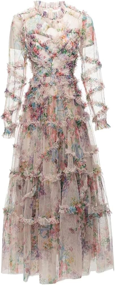 Women's Floral Print Holiday Party Dresses Petal Sleeve Crinkle Irregular Lace Sexy Maxi Dress