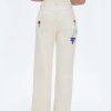 Womens Embroidered Corduroy Pants Casual Winter Straight Leg Elastic Waist Vintage Trousers with Pockets