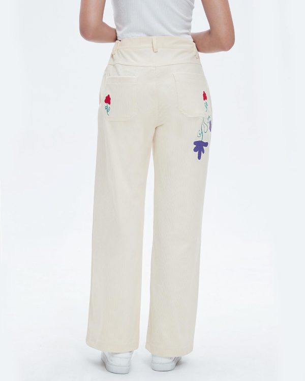 Womens Embroidered Corduroy Pants Casual Winter Straight Leg Elastic Waist Vintage Trousers with Pockets