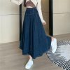 Women Pleated Jeans Skirts Vintage High Waist Long Washing Straight Loose Denim Midi Skirts