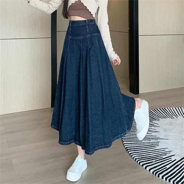 Women Pleated Jeans Skirts Vintage High Waist Long Washing Straight Loose Denim Midi Skirts