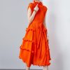 Women's Orange Flowy Pleated Dress Ruffled Hem Chiffon Maxi Summer Boho Dresses