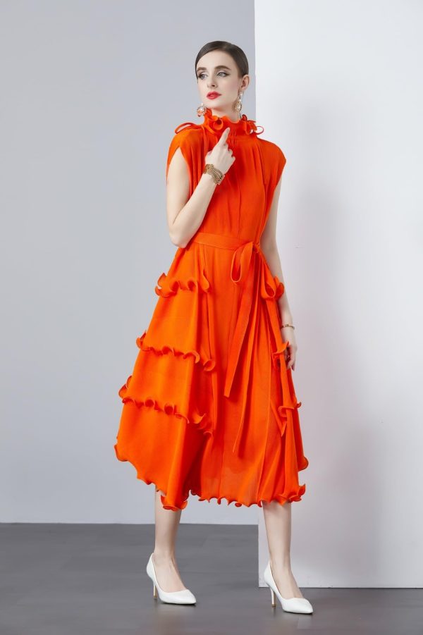 Women's Orange Flowy Pleated Dress Ruffled Hem Chiffon Maxi Summer Boho Dresses