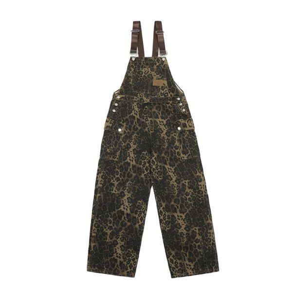 Women's Y2K Leopard Print Jeans Overall Chic Streetwear Baggy Wide Leg Jumpsuit Retro Hip Hop Loose trouser