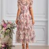 Women's Boho Floral Print Dress Net Yarn Cascading Ruffle Beach Party Summer Vacation Maxi Dresses