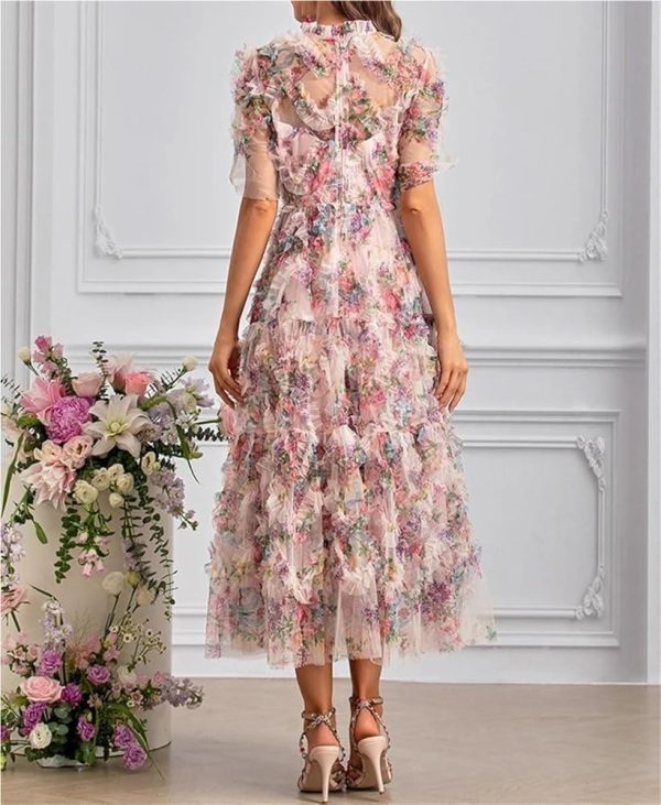 Women's Boho Floral Print Dress Net Yarn Cascading Ruffle Beach Party Summer Vacation Maxi Dresses