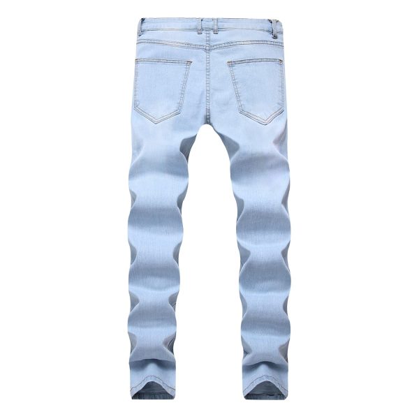 Men's Casual Embroidery Slim Fit Denim Pants Straight Personality Trendy Jeans Ripped Washed Stretch Skinny Trousers (Light