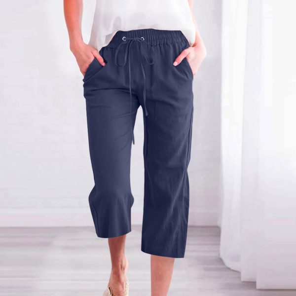 Summer Capri Pants for Women Casual Cotton Linen Pants Straight Leg Vacation Beach Crop Pant with Pockets