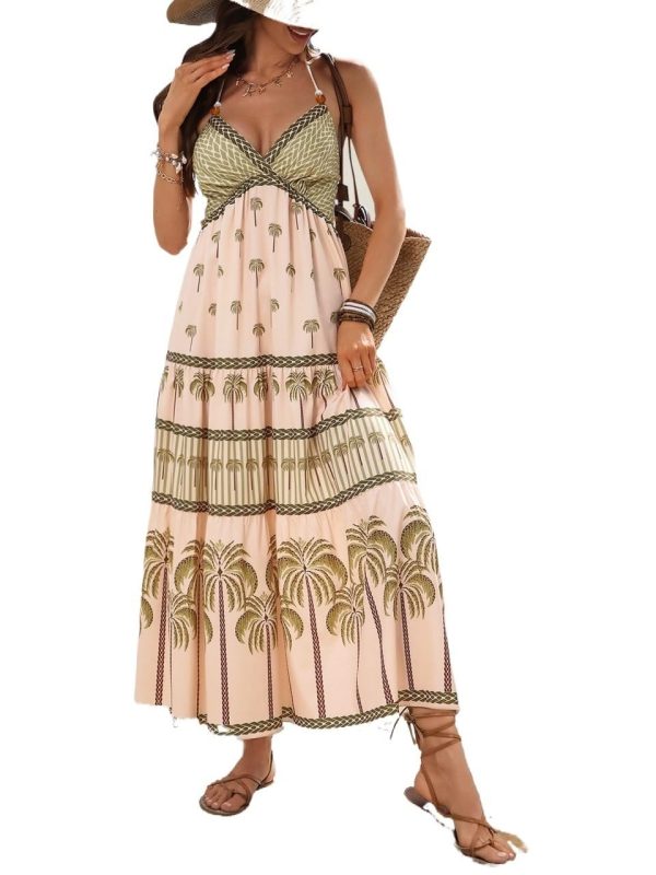 Bohemian Printed Beaded Halter Neck Backless Beach Maxi Dress Vacation Casual Trendy Summer Wear