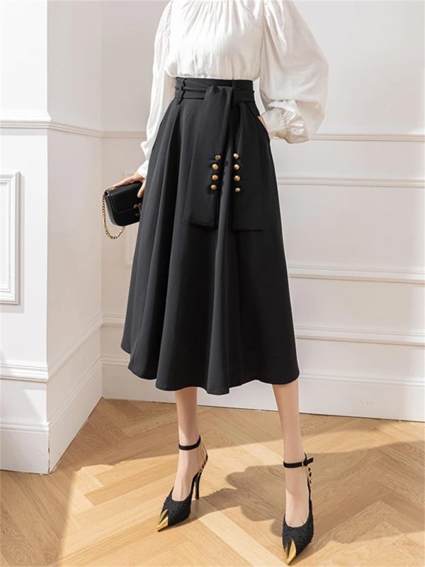 Women Vintage Elegant Big Swing Maxi Skirt High Waist Bandage Belt Cute Umbrella A-Line Long Skirts