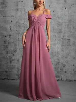Women's One-Shoulder V-Neck Evening Dress Pleated Chiffon Long Ball Gown Party Formal Wear