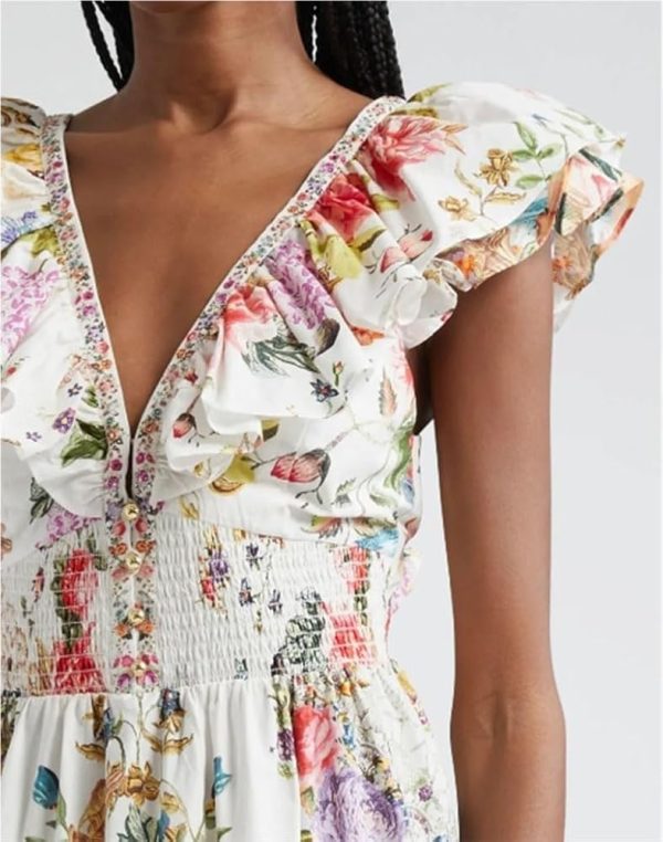 Women's Patchwork V-Neck Floral Print Dress Spliced Ruffles Short Sleeve High Waist Lace-Up Maxi Dresses