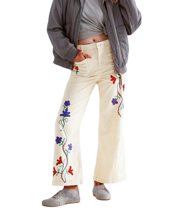 Womens Embroidered Corduroy Pants Casual Winter Straight Leg Elastic Waist Vintage Trousers with Pockets