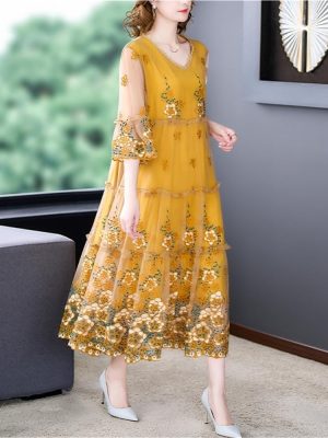 Floral Embroidery Midi Dress Women Natural Silk Summer Light Beach Plus Size Elegant Boho Vacation Maxi Vestidos