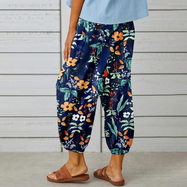 Cotton Casual Capri for Women Elastic High Waisted Loose Lantern Tapered Harem Pants with Pockets