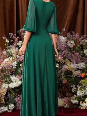 Women’S Dress Ruched Plunging V Neck Bridesmaid Short Sleeve Slim Chiffon A Line Dresses for Evening Party