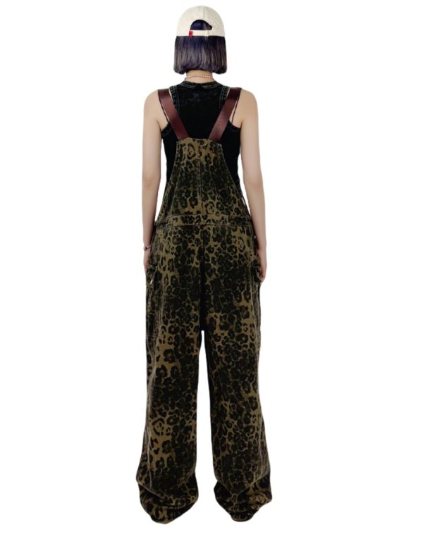 Women's Y2K Leopard Print Jeans Overall Chic Streetwear Baggy Wide Leg Jumpsuit Retro Hip Hop Loose trouser