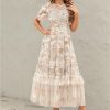 Women's Floral Printed Mesh Dress Round Neck High Waist Layer Tiered Maxi Beach Party Dresses