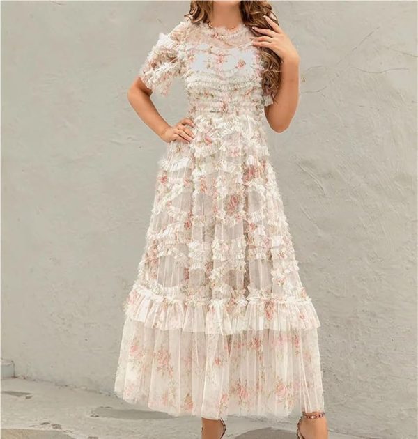 Women's Floral Printed Mesh Dress Round Neck High Waist Layer Tiered Maxi Beach Party Dresses