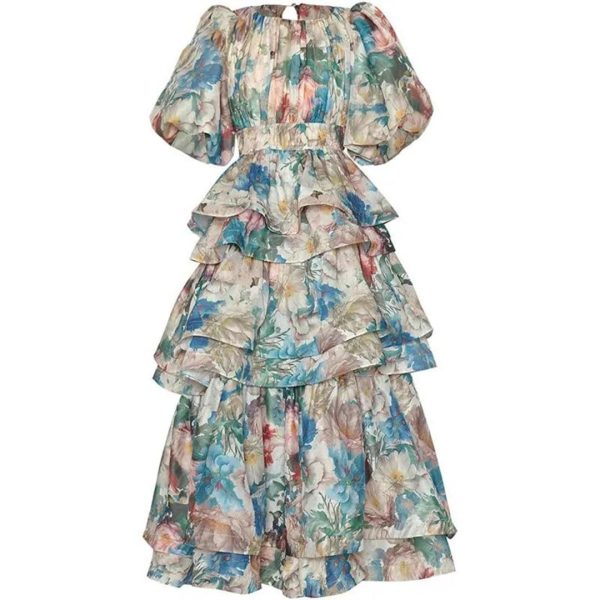 Women Runway Designer Puff Sleeve Folds Tiered Ruffles Printing Bohemian Elegant Dress