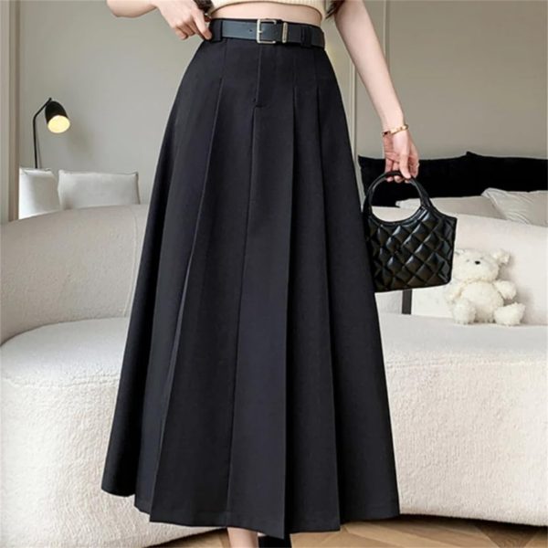 Women Mid Length Skirt High Waist A-Line Large Swing Umbrella Skirt OL Knee Length Suit Pleated Long Skirt