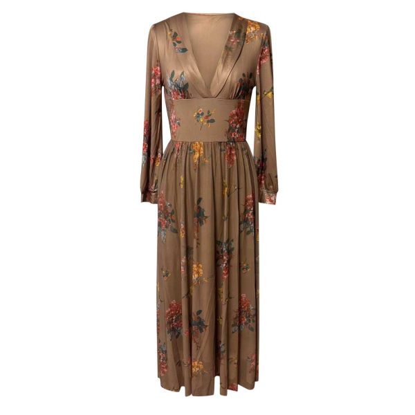 Women's Long Boho Dress Vintage Pastoral Flower V-Neck Dresses Chiffon Western Country Dresses Casual Maxi Dress