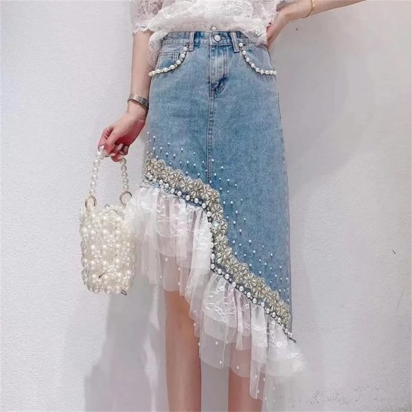 Heavy Industry Pearl Beading Lace Splicing Irregular Hem Jean Skirt Women Summer Korea Denim Skirt