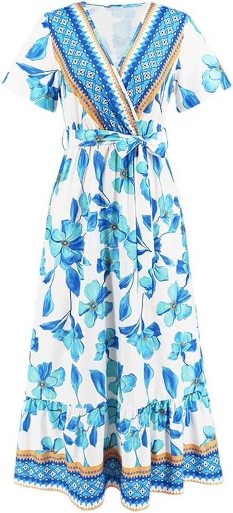 Bohemian Print Long Dress Women Summer Sexy Deep V Neck Beach Dress Casual Vacation Maxi Dress(Blue,XX-Large)