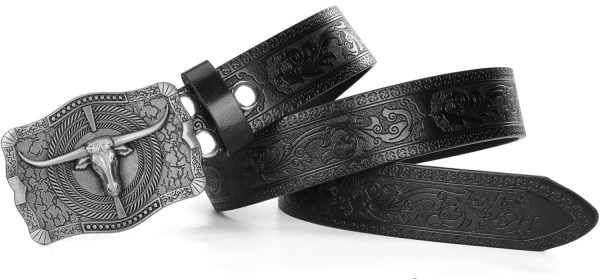 Western-Cowboy-Belts for Women Men Vintage Floral-Engraved Bull Head Buckle Cowgirl-Waist-Belt for 25 to 38" Waist