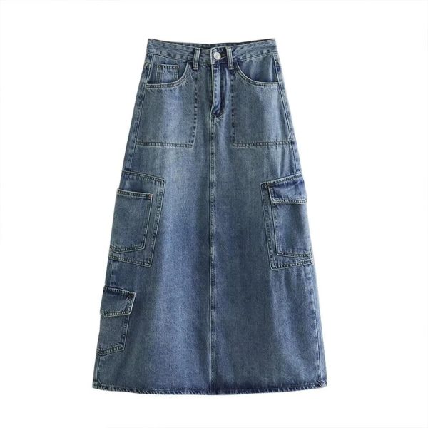 Women Wearing Streetwear High Waist Pocket Design Long Denim Skirt