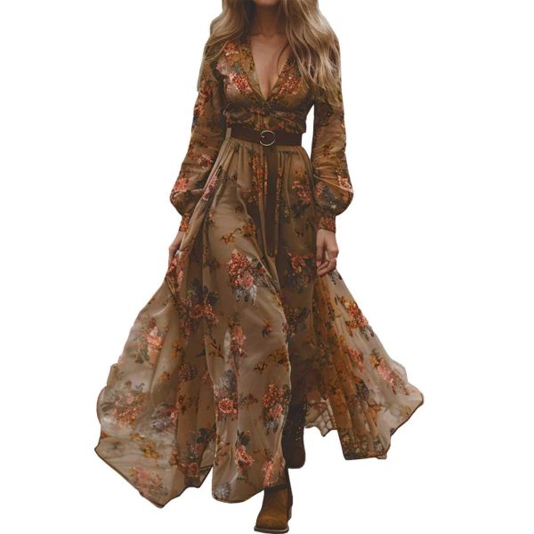 Women's Long Boho Dress Vintage Pastoral Flower V-Neck Dresses Chiffon Western Country Dresses Casual Maxi Dress