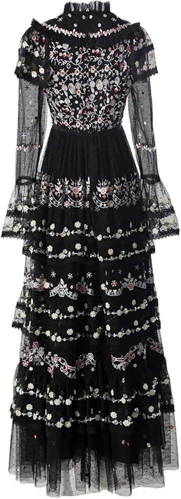 Women's Casual Vacation Dress Embroidery Sequins Net Yarn Cascading Ruffle Maxi Beach Party Dresses