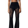 Women's Floral Lace Sheer Mesh Flare Pants Elastic High Waisted Long Trousers