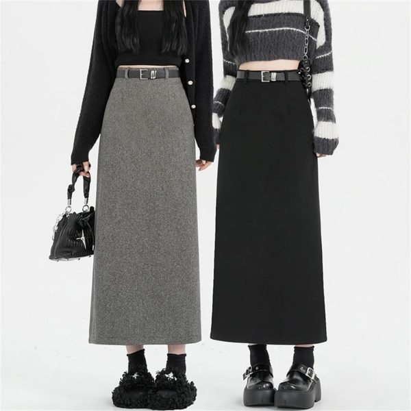 Women High Waist Straight Long Pencil Vintage Woolen Midi Skirts